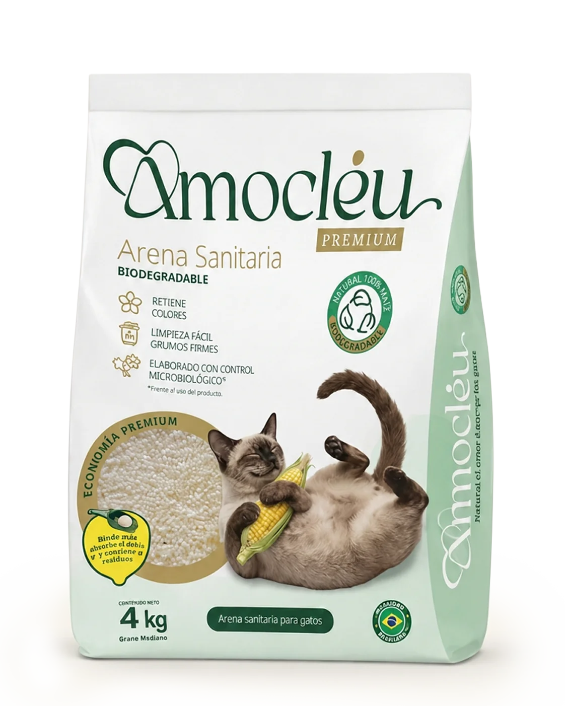 Bolsa de AMOCLÉU Premium 4 kg — arena sanitaria natural para gatos